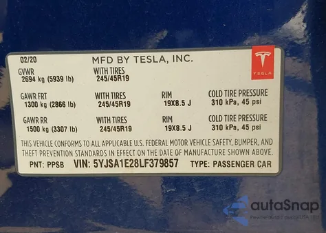 2020 Tesla Model S z USA, uszkodzony, nr VIN 5YJSA1E28LF379857
